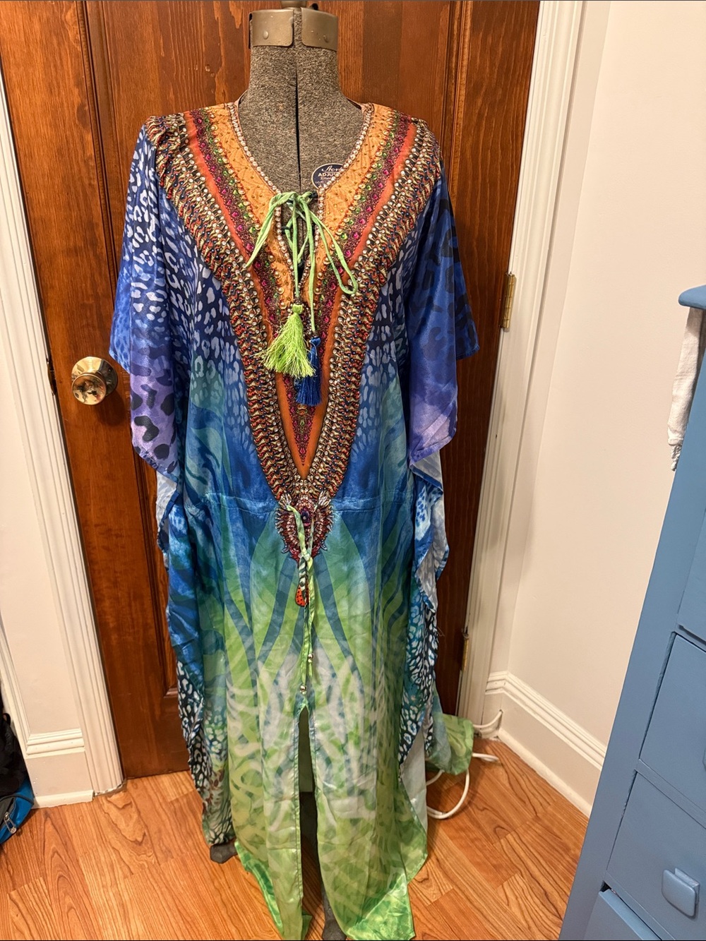 Boho V-Neck Maxi Dress in Blue and Green with Tassel Tie